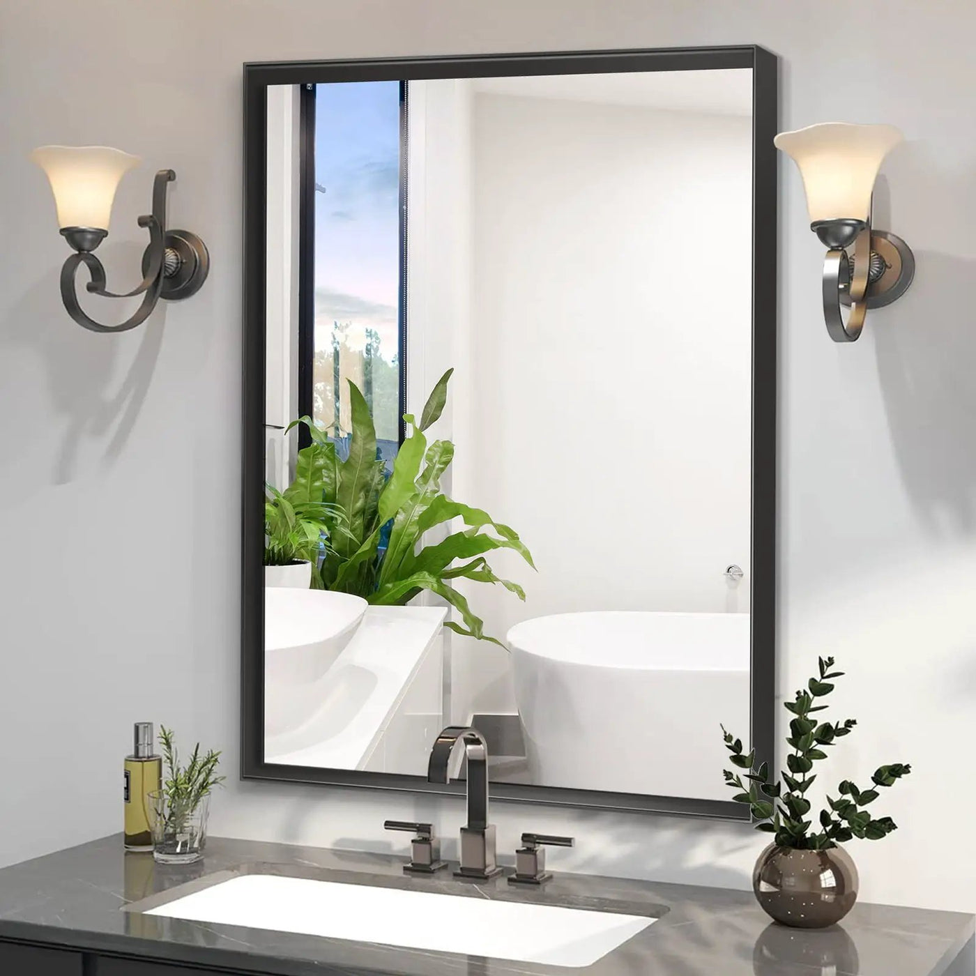 Rectangular Bathroom Mirror Square Angle Metal Frame Wall Mounted Hanging Plates Wall Mount Mirror For Bathroom (Horizontal & Vertical) by Unique Piece Furniture
