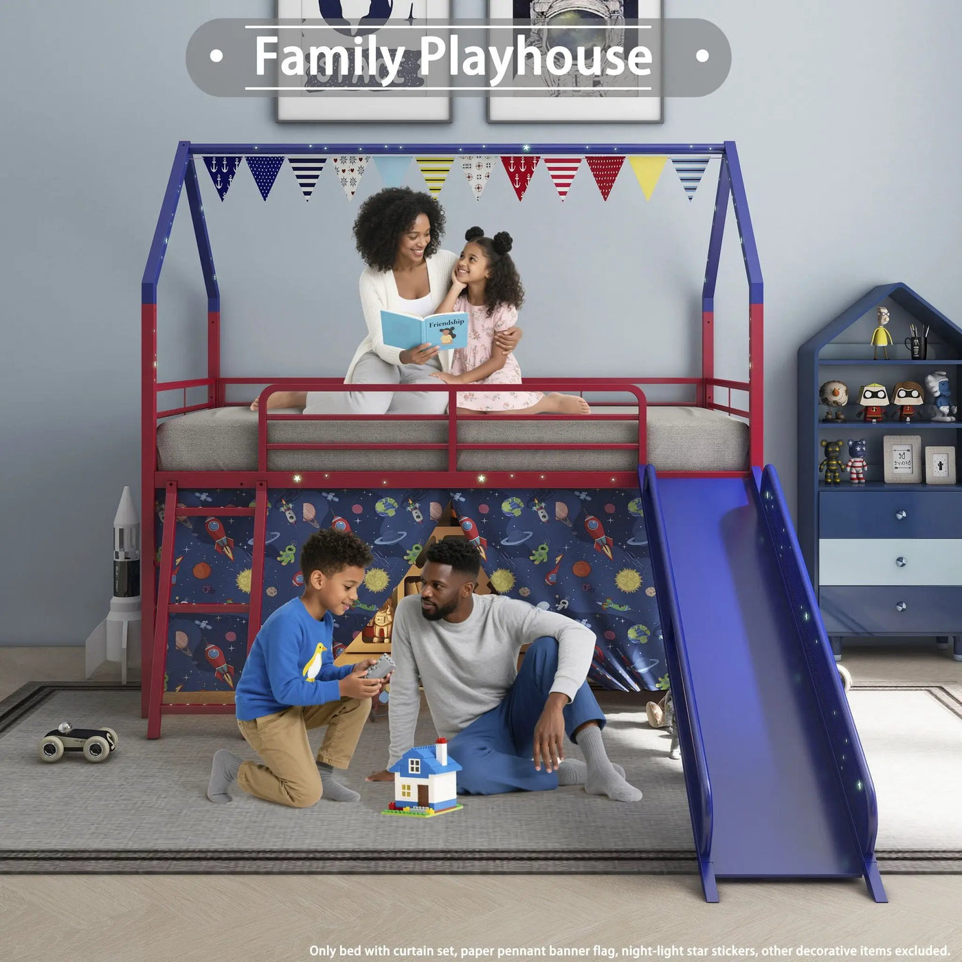 Jack - House Loft Bed With Slide And Curtain Set by HouseOfZazla