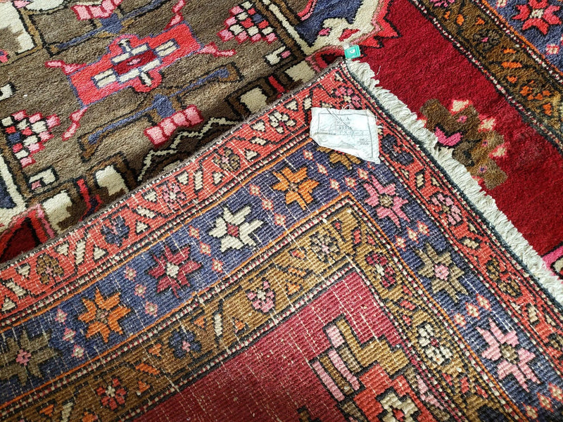 Antique Persian Karajeh Runner Rug 4.4 x 11 ft, Red Colorful Geometric Medallion Runner by Jewel Rugs
