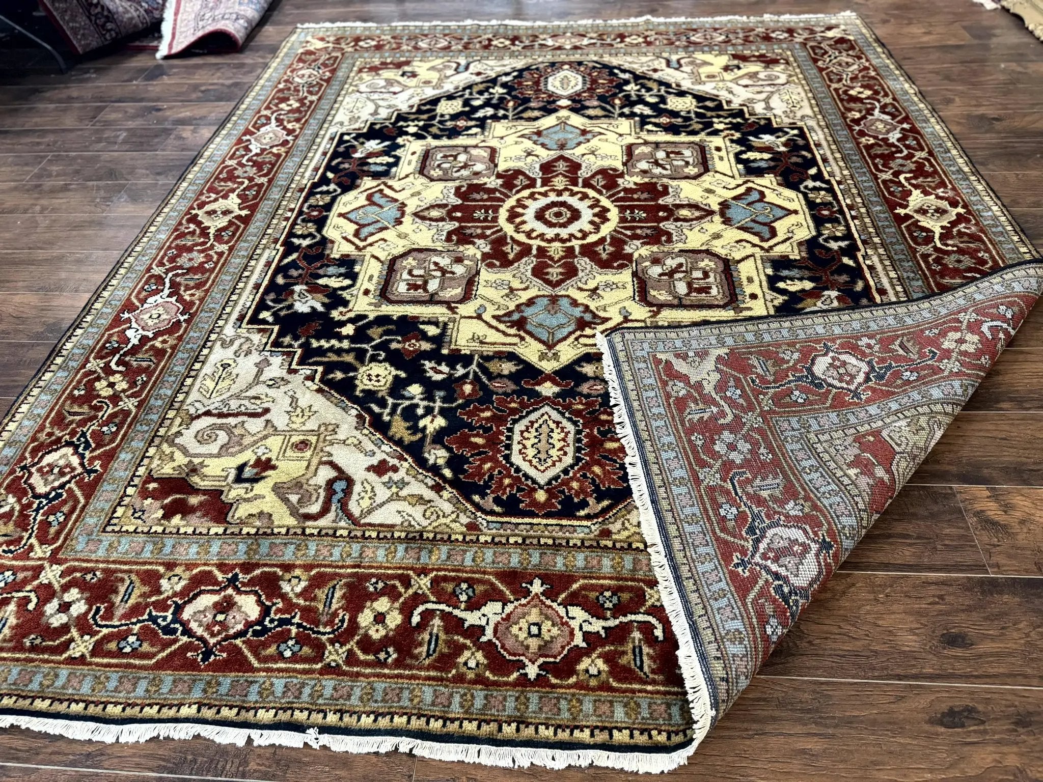 Indo Persian Heriz Rug 8x10, Geometric Medallion, Serapi Carpet, Wool Vintage Rug by Jewel Rugs
