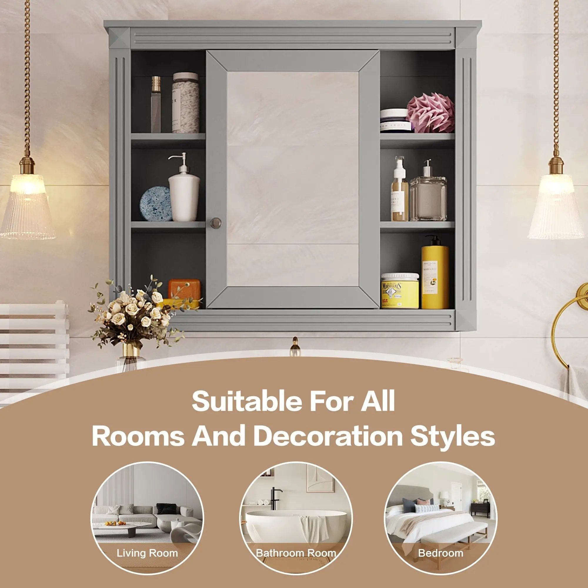 Wall Mounted Bathroom Storage Cabinet With Mirror, Cabinet With 6 Open Shelves And Adjustable Interior by Unique Piece Furniture