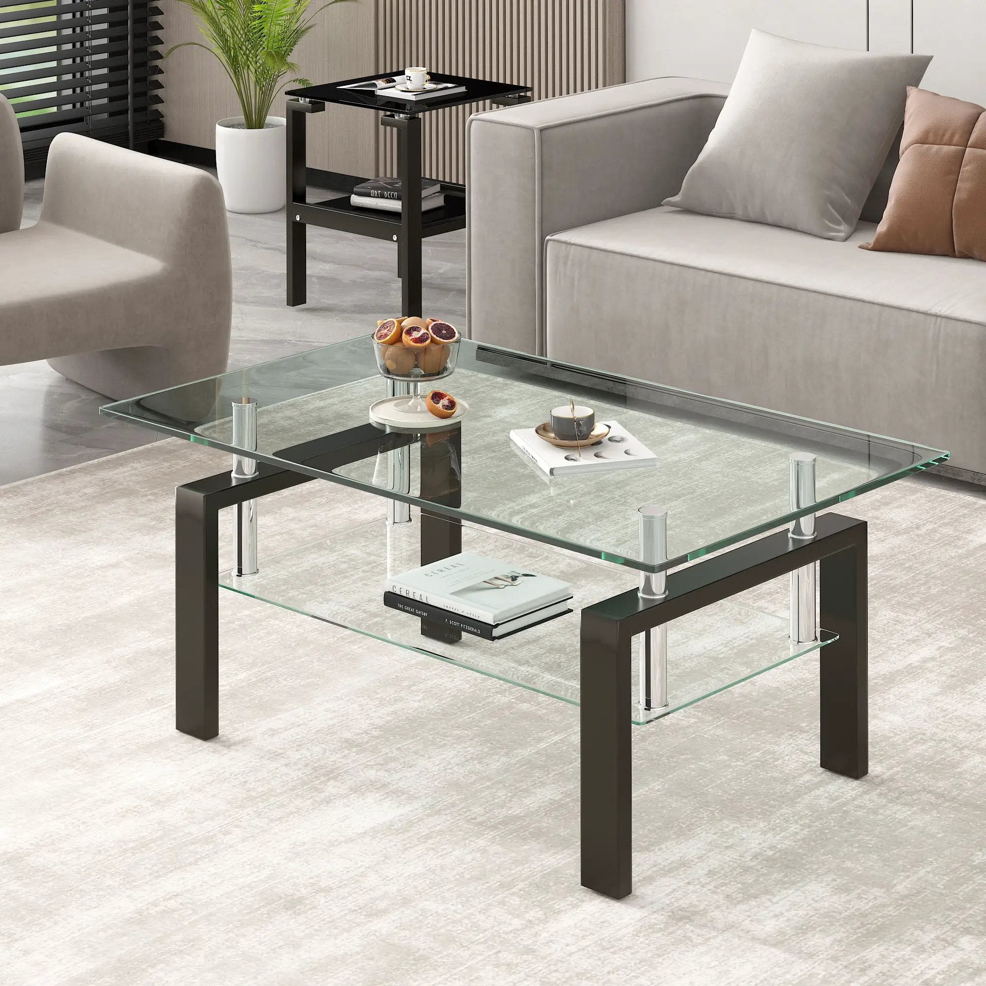 Tempered Clear Glass Coffee Table, 2-Layers Coffee Table Living Room Center Table - Black by HouseOfZazla