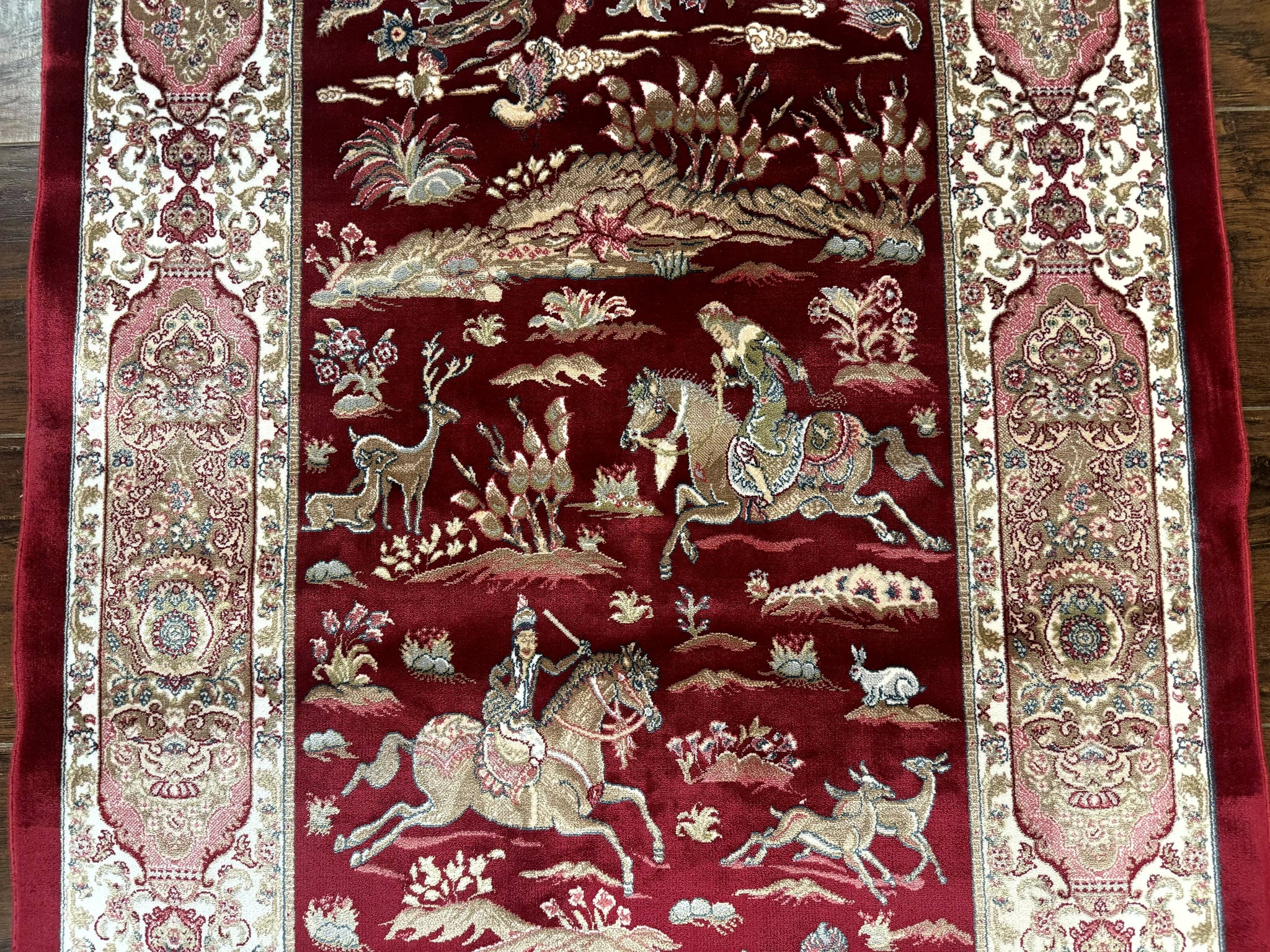 Dark Red Turkish Silk Rug 2.6 x 4, Hunting Design Scene, Bamboo Silk by Jewel Rugs
