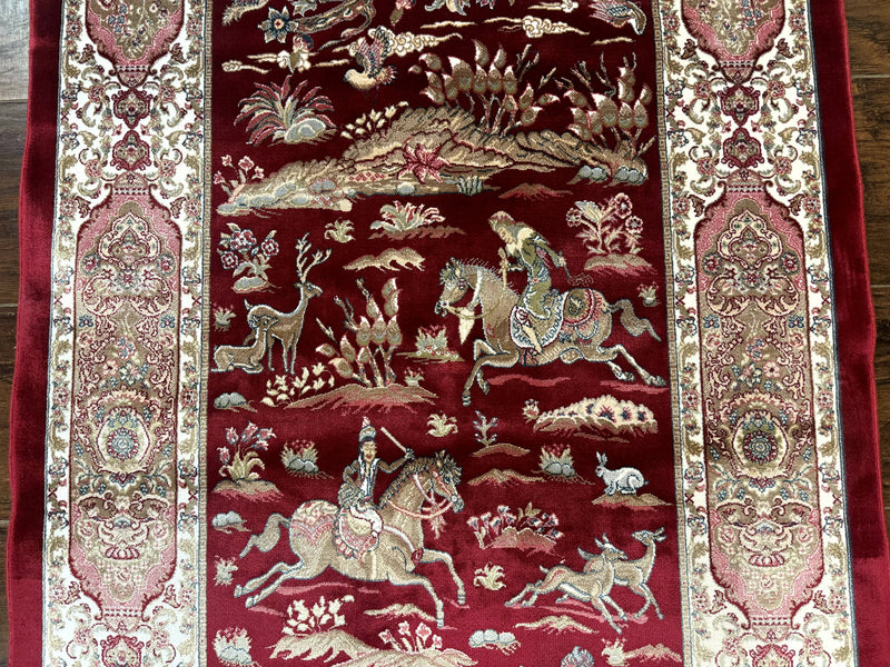 Dark Red Turkish Silk Rug 2.6 x 4, Hunting Design Scene, Bamboo Silk by Jewel Rugs