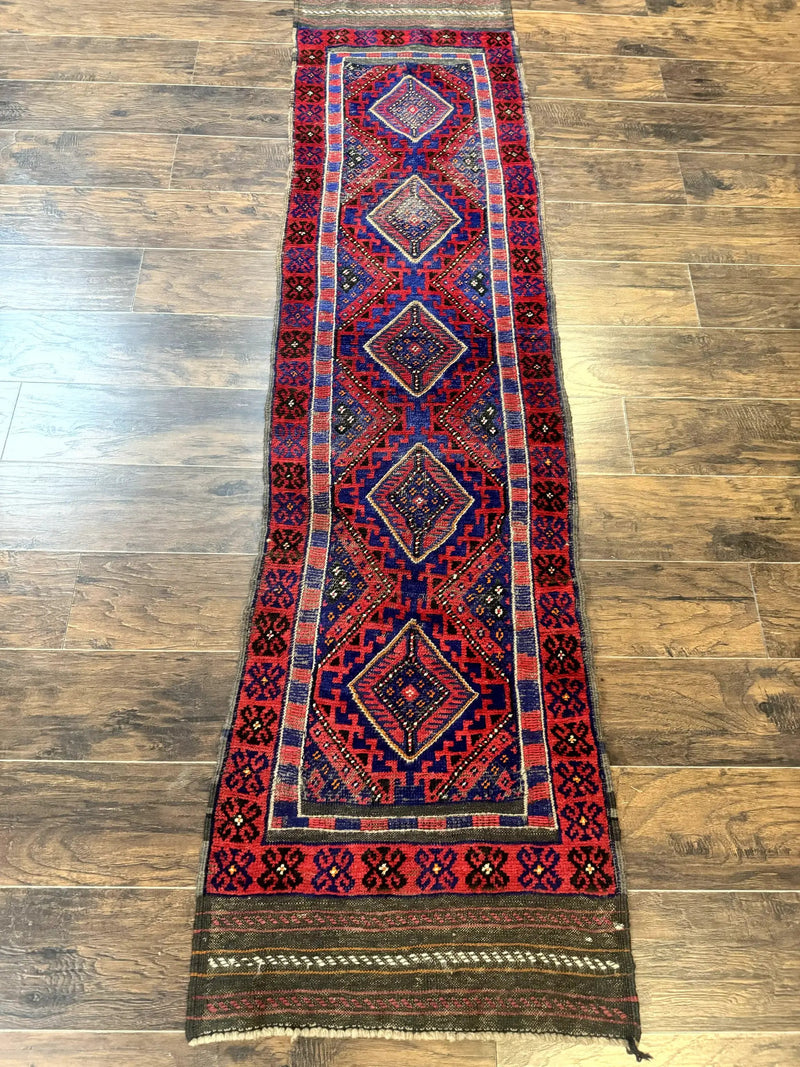 Turkoman Runner Rug 2 x 8.6, Skinny Runner, Handmade Wool Carpet for Hallway, Red and Blue, Wool, Vintage 8ft Runner by Jewel Rugs