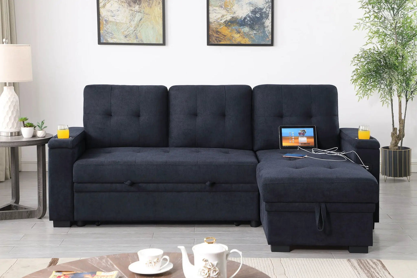 Ashlyn II - 84"W Woven Fabric Reversible Sleeper Sectional Sofa with Storage Chaise by Unique Piece Furniture