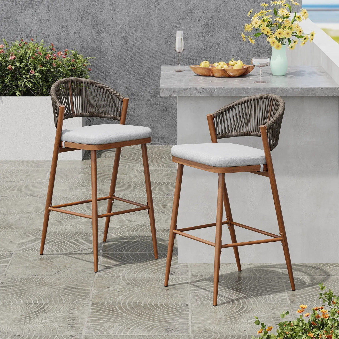 Outdoor Bar Height Metal Frame Counter Stools with Scallop-Shaped Backrest & Water-Resistant Cushions by HouseOfZazla