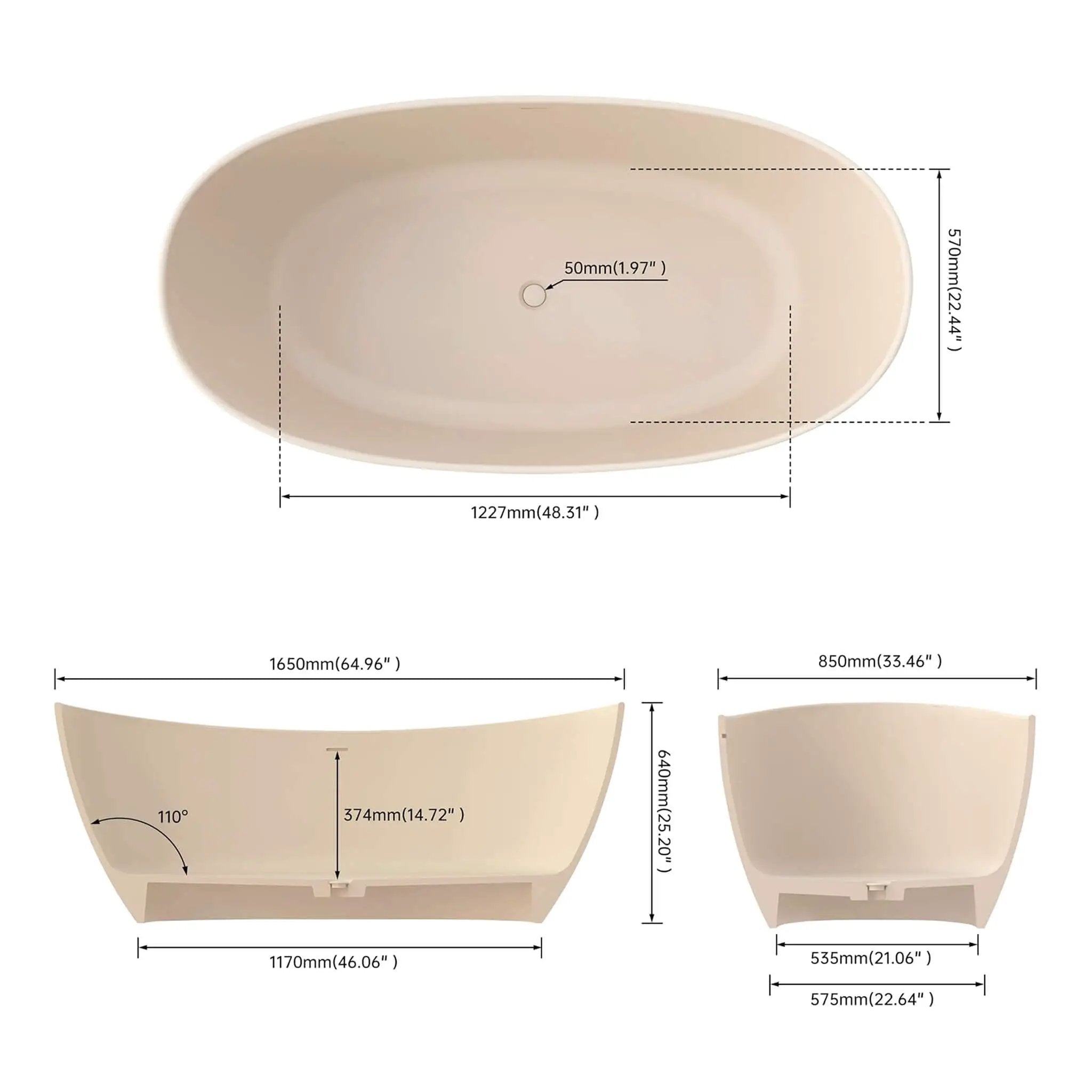 [65X33.5-Inch] Freestanding Modern Oval Stone Resin Soaking Tub With Overflow Drain (SAK39231) by SAKSBY WHOLESALE