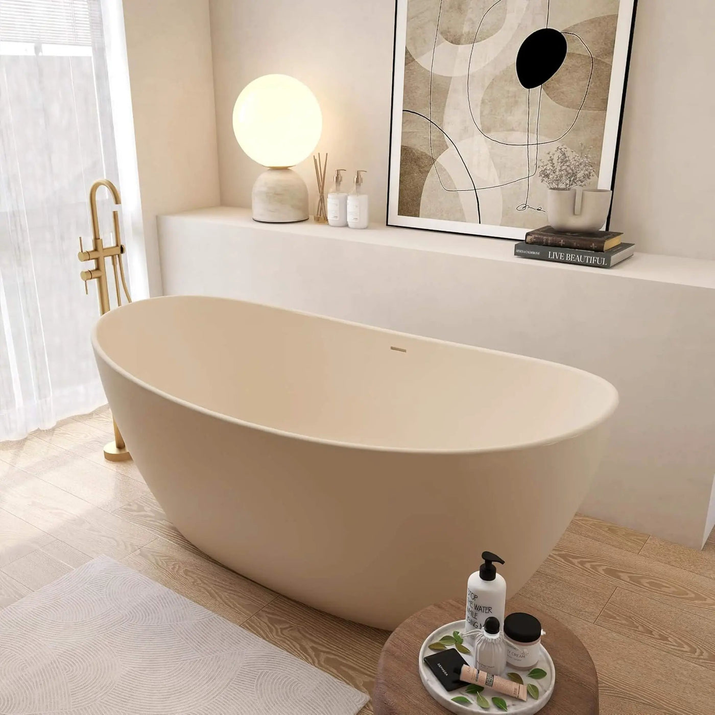[65X33.5-Inch] Freestanding Modern Oval Stone Resin Soaking Tub With Overflow Drain (SAK39231) by SAKSBY WHOLESALE