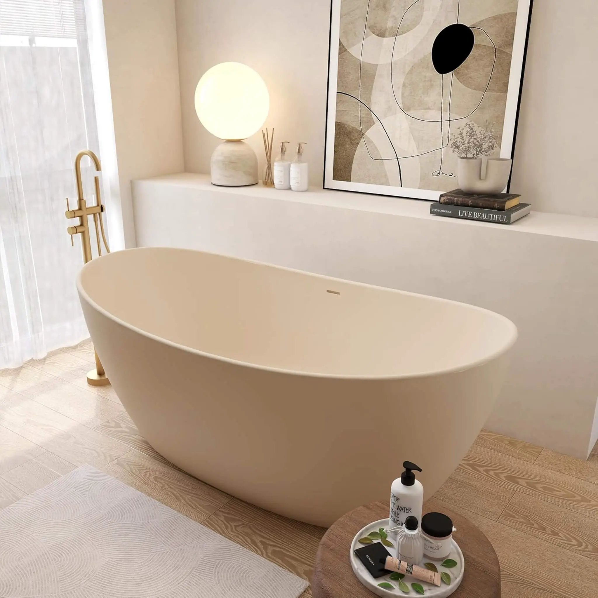 [65X33.5-Inch] Freestanding Modern Oval Stone Resin Soaking Tub With Overflow Drain (SAK39231) by SAKSBY WHOLESALE