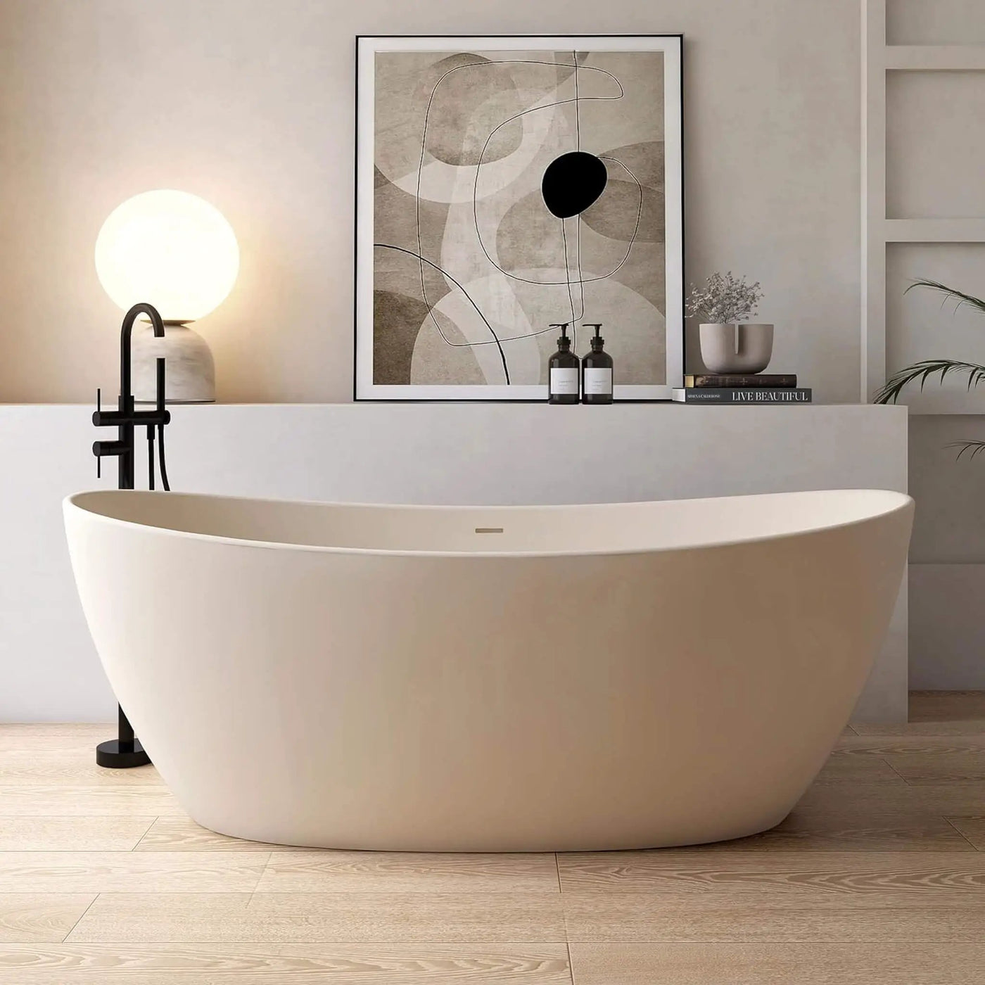 [65X33.5-Inch] Freestanding Modern Oval Stone Resin Soaking Tub With Overflow Drain (SAK39231) by SAKSBY WHOLESALE
