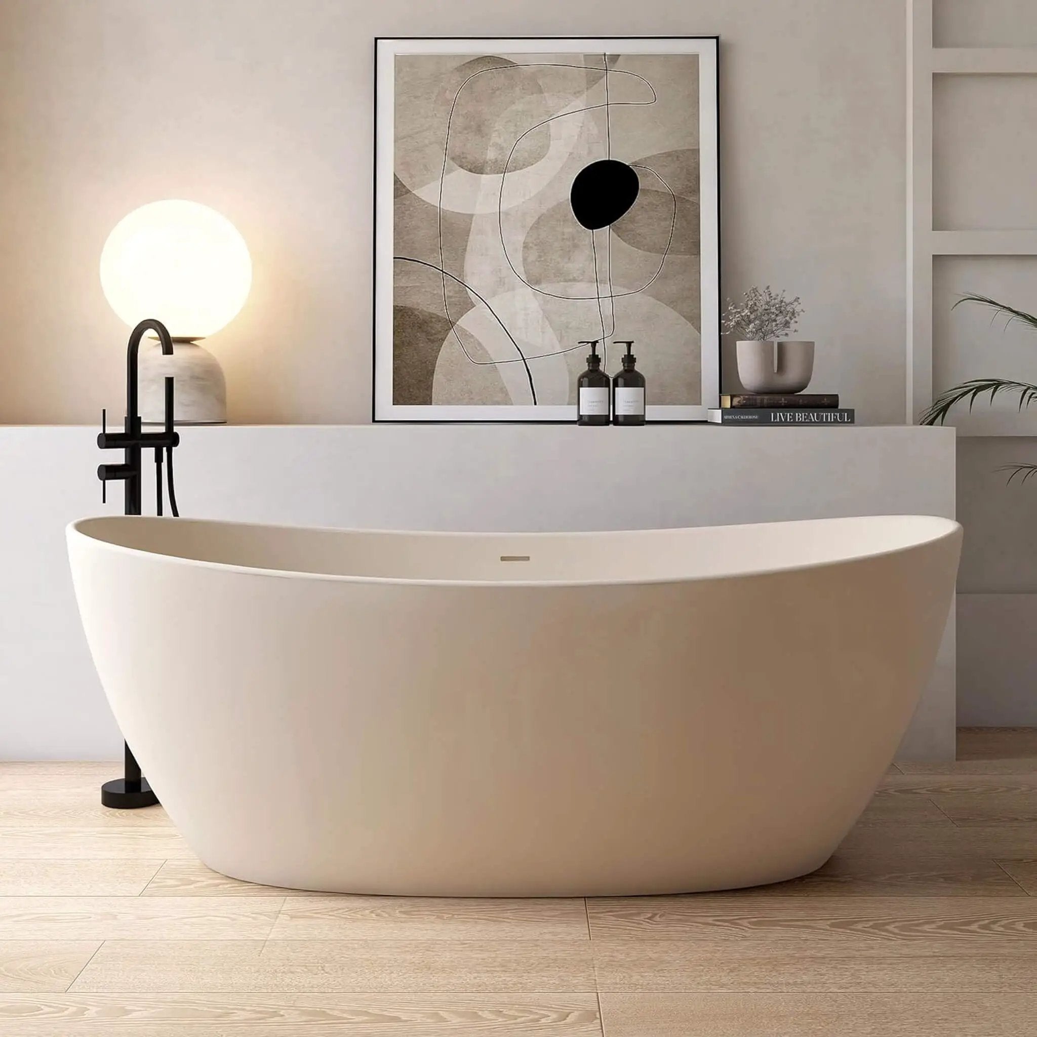 [65X33.5-Inch] Freestanding Modern Oval Stone Resin Soaking Tub With Overflow Drain (SAK39231) by SAKSBY WHOLESALE