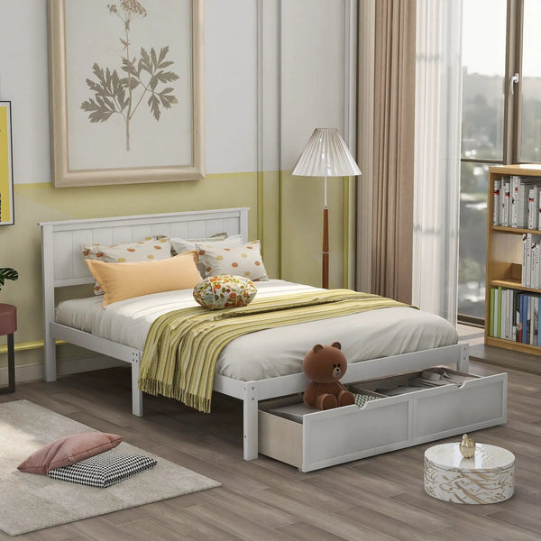 Full Size Platform Bed With Under Bed Drawers - White