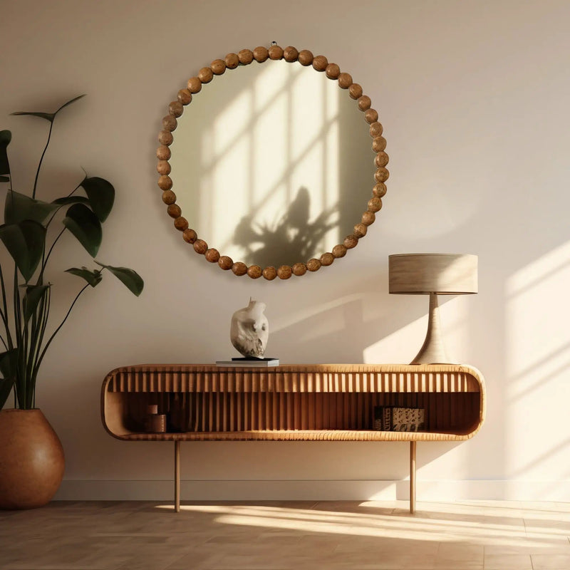 Decorative Round Hanging Wall Mirror With Bead Design Frame - Natural by Unique Piece Furniture
