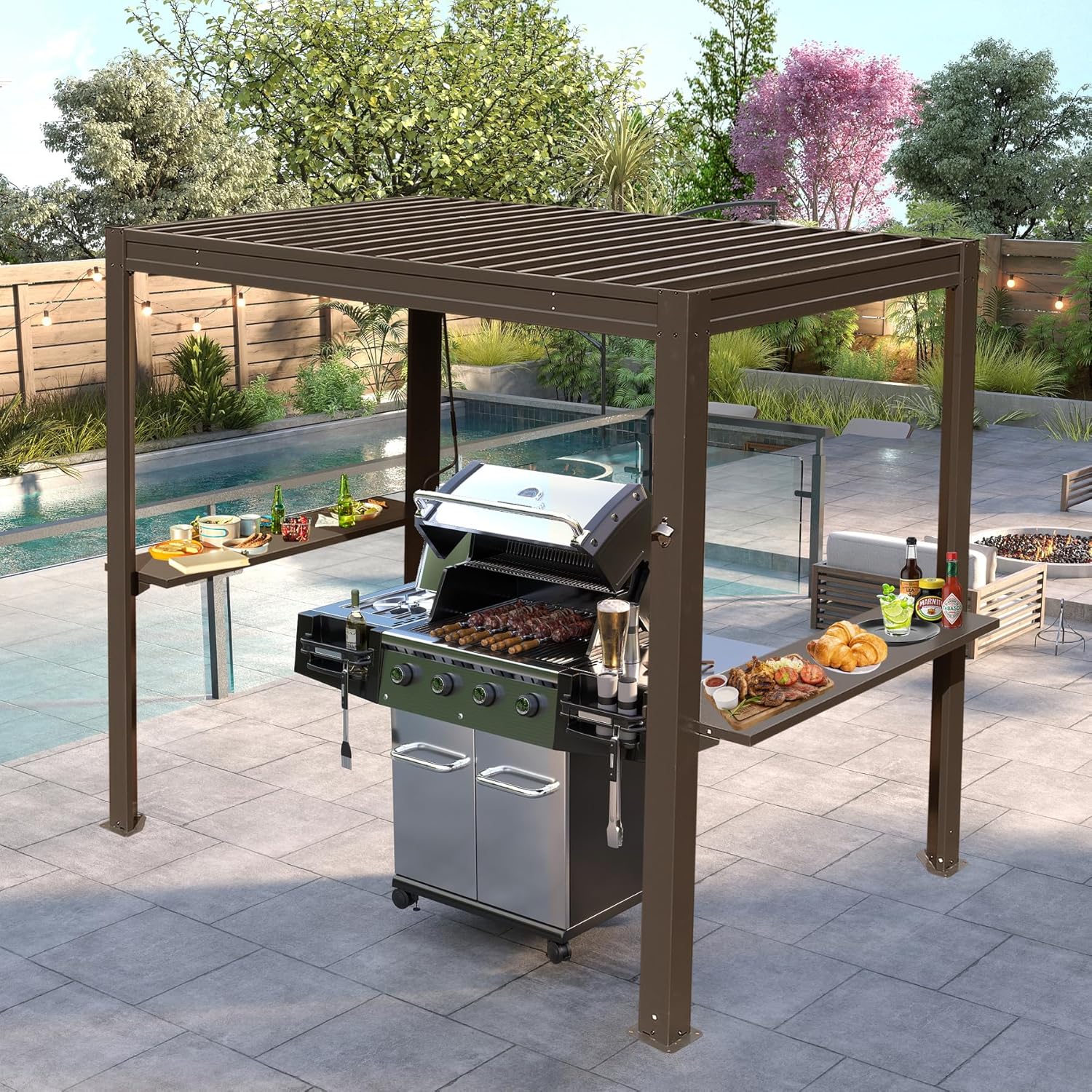 8x5 Ft Grill Louvered Pergola with Adjustable Roof and Built-in Gutter by HouseOfZazla