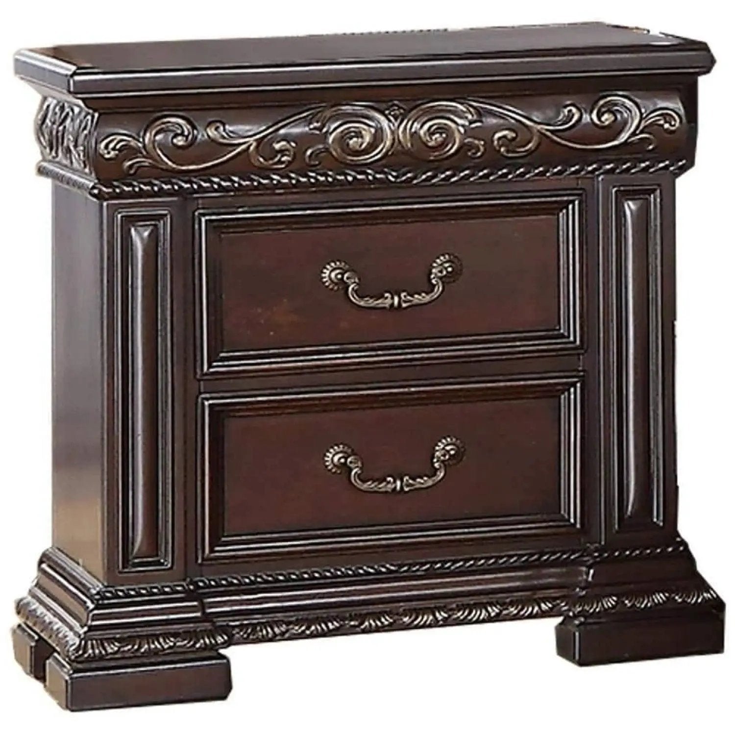 2 Drawer Nightstand, Carvings Bedside Table, Bedroom Furniture - Cherry by Unique Piece Furniture