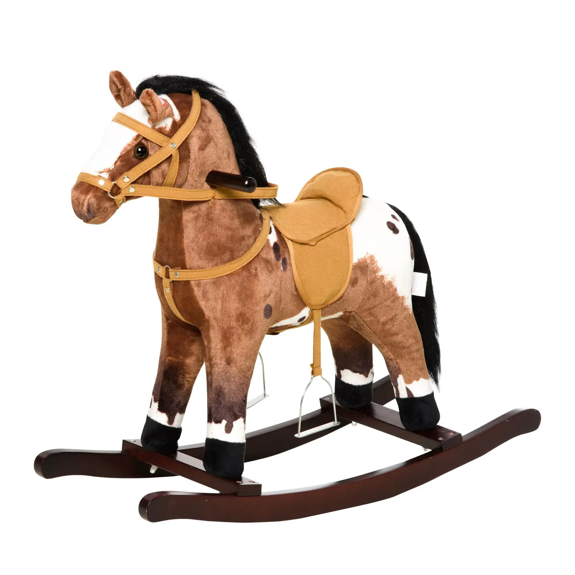 Qaba - Kids Metal Plush Ride-On Rocking Horse Chair Toy With Realistic Sounds - Dark Brown / White by Unique Piece Furniture