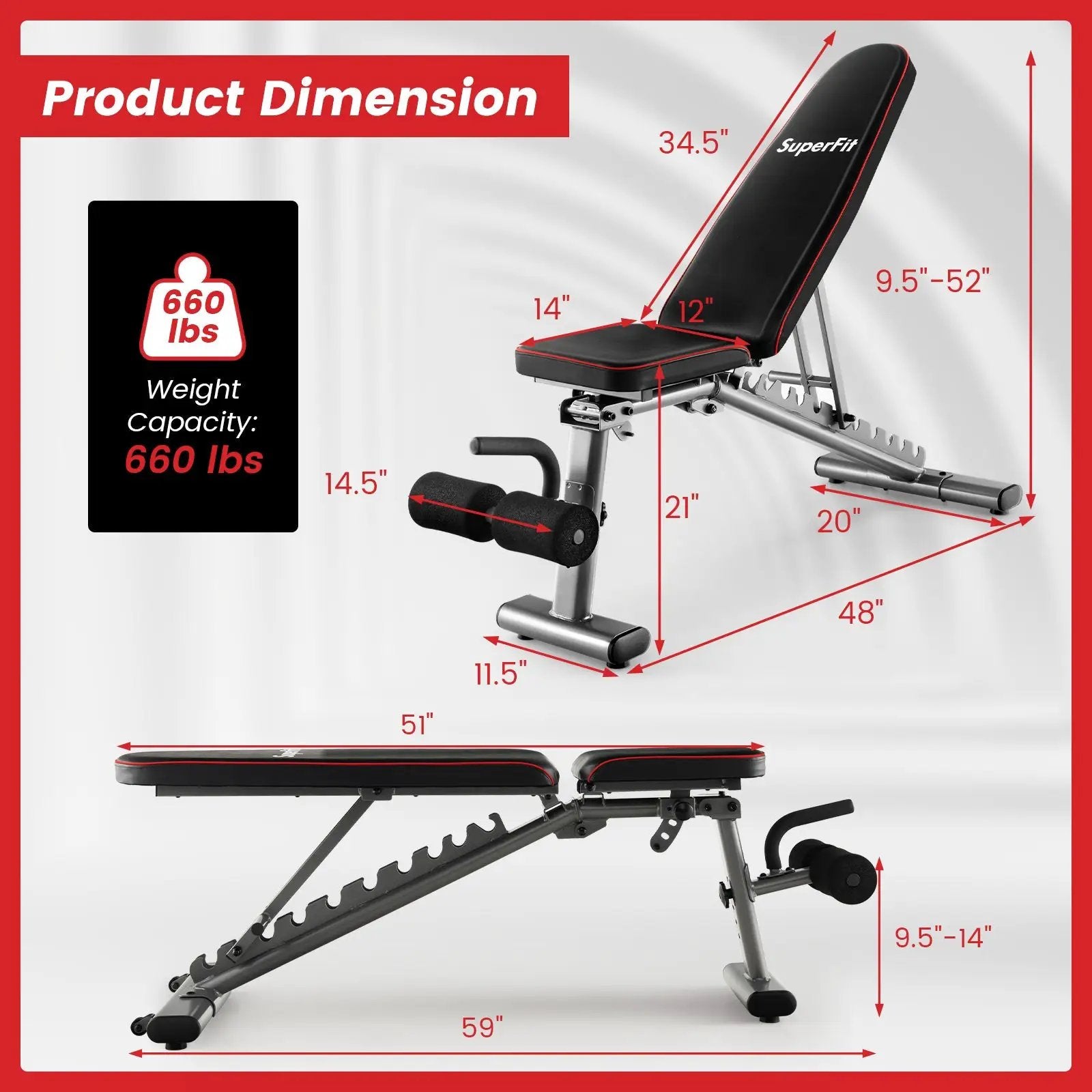 660 LBS Strength Training Bench with 10 Back and 3 Seat for Full Body Workout-Black by DirectDeals