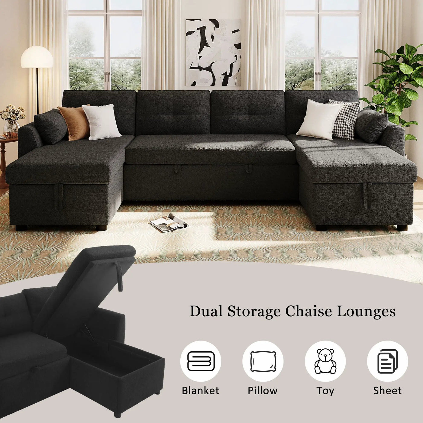 U-Shaped Sectional Sofa Bed With Storage And USB Ports by Unique Piece Furniture