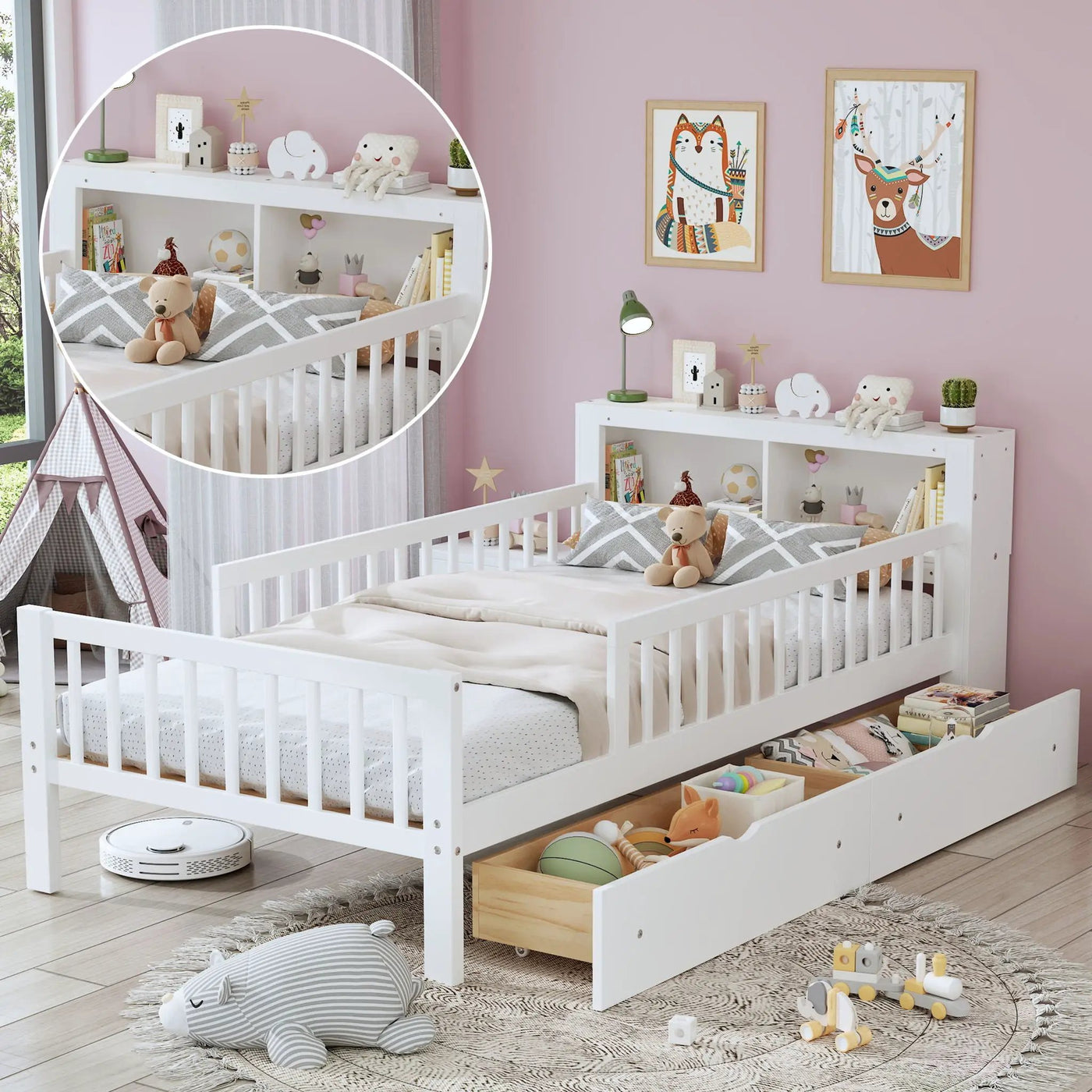 Bed With Headboard Storage Rack, 2 Under Bed Drawers, 3 Side Guardrails For Safety by Unique Piece Furniture