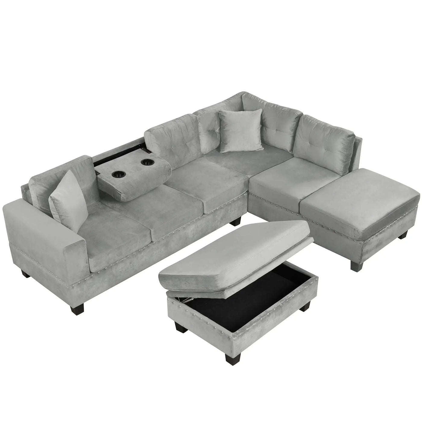 Modern Sectional Sofa With Storage Ottoman, L - Shape Couch With 2 Pillows And Cup Holders by HouseOfZazla