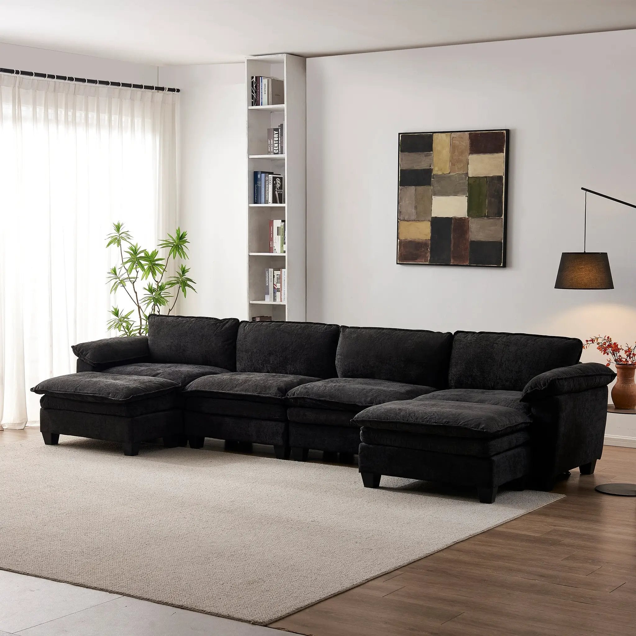 Luxury Chenille Upholstered U Shape Sofa with Two Ottomans by HouseOfZazla