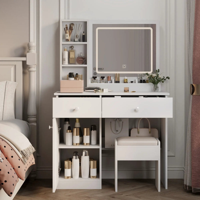 Fashion Vanity Desk With Mirror And Adjustable Lights, Makeup Table Set With 2 Drawers - White by Unique Piece Furniture