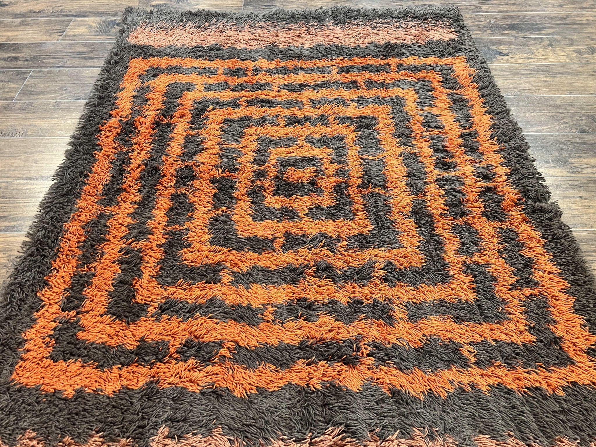 Vintage Rya Shag Rug 4.6 x 6.6, Abstract Design, Brown and Orange, Mid Century Danish Rya Carpet by Jewel Rugs