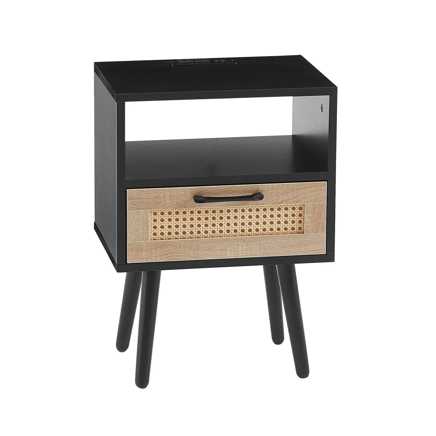 15.75" Rattan End Table With Power Outlet & USB Ports, Modern Nightstand With Drawer And Solid Wood Legs, Side Table For Living Room, Bedroom by HouseOfZazla