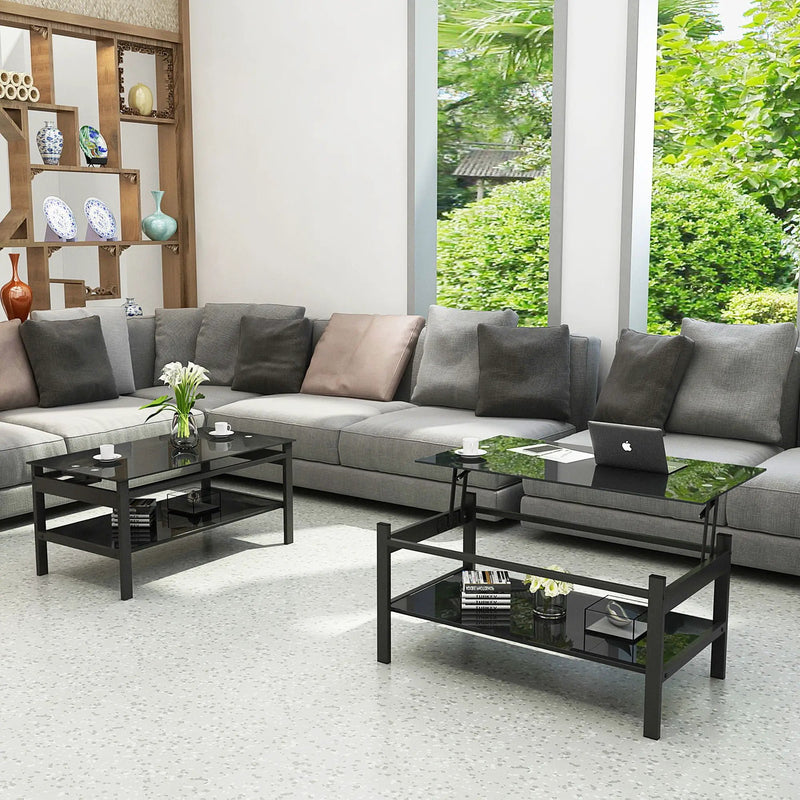 Glass Lift Top Coffee Table, Modern Simple 2-Layer Tempered Glass Coffee Table For Living Room - Black by HouseOfZazla