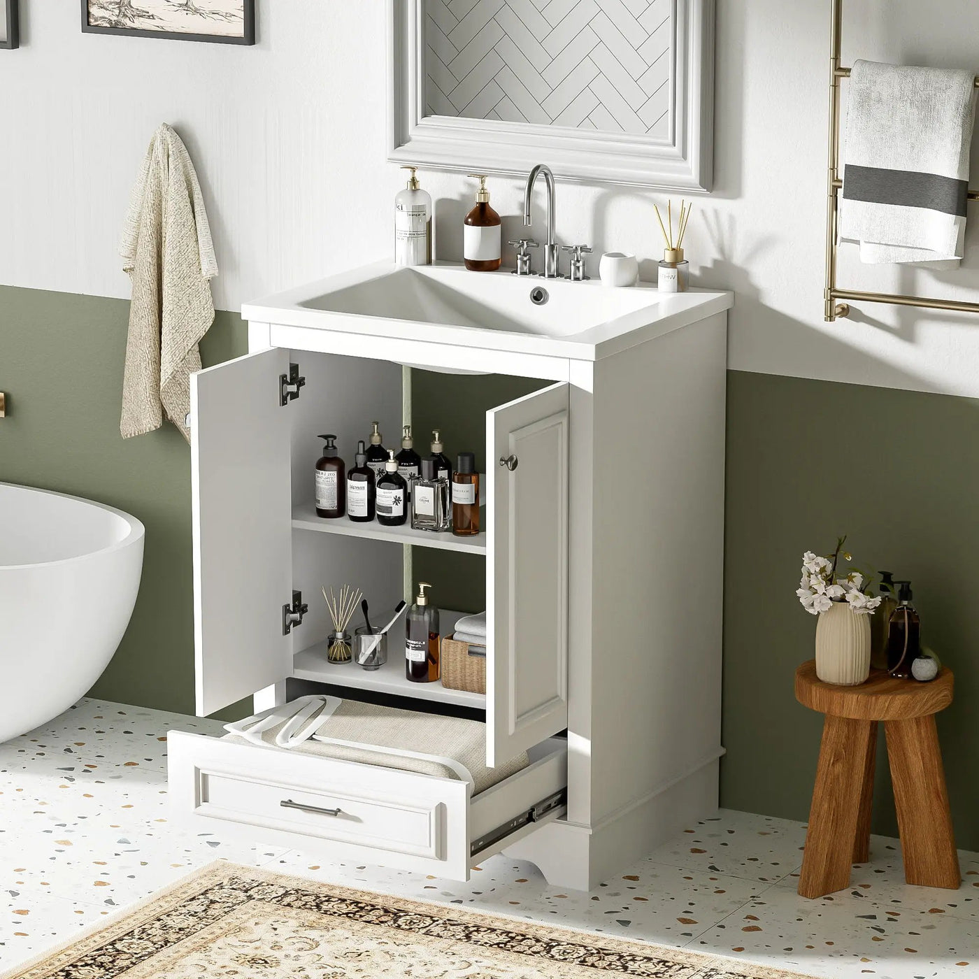 Bathroom Vanity With Ceramic Sink Combo, Modern Freestanding Storage Cabinet With Silver Handles by Unique Piece Furniture