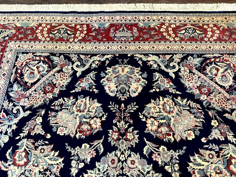 Sino Persian Rug 8x10, Floral Kirman Carpet, Navy Blue and Red, Floral Vases, Handmade Vintage Wool Carpet, 320 KPSI by Jewel Rugs
