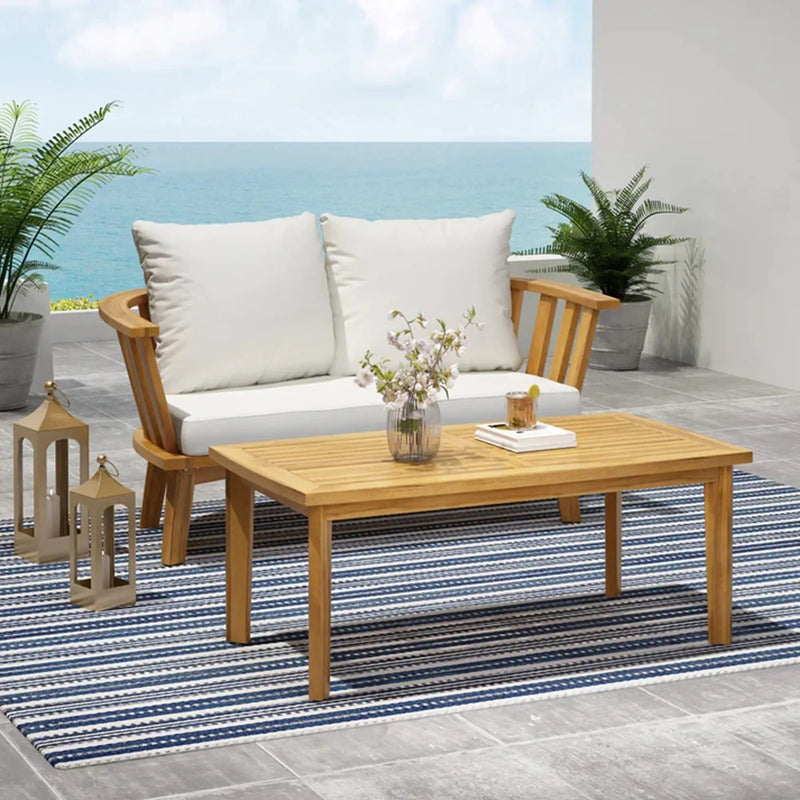 2-Person Outdoor Acacia Wood Patio Seating Group with Cushions and Coffee Table by HouseOfZazla