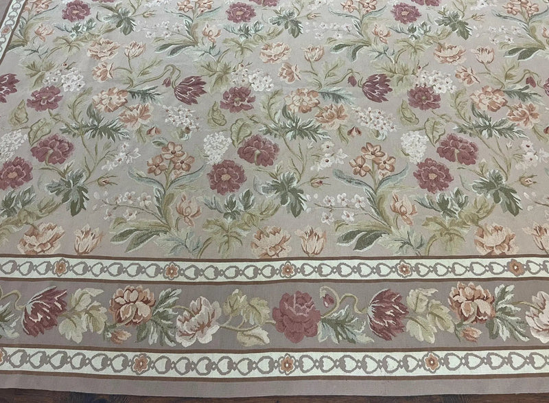 Aubusson Rug 9x12, Pink Beige Light Mauve, Handmade Allover Floral Roses, Wool Flatweave Carpet 9 x 12 ft, European French Design, Elegant by Jewel Rugs