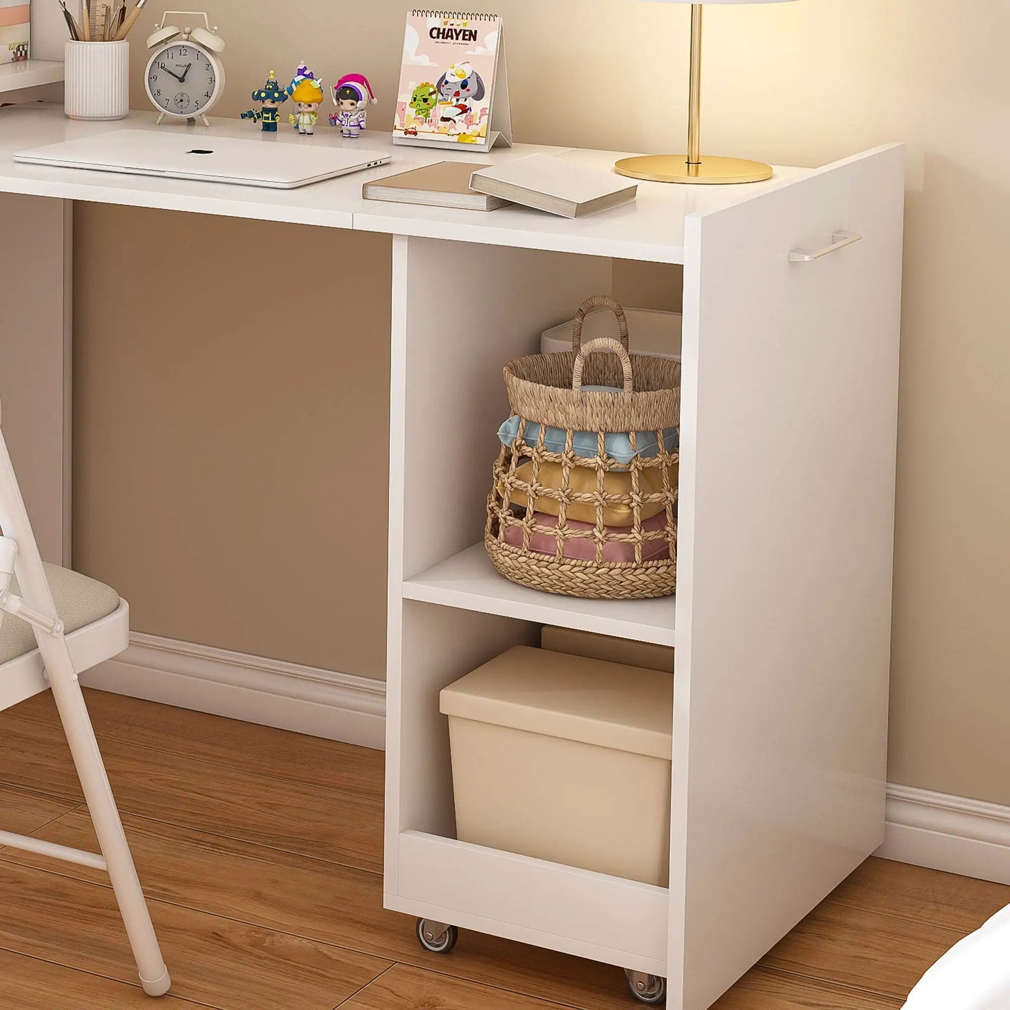 Stretchable Office Desk With Storage Shelves And Mobile Wheels by HouseOfZazla