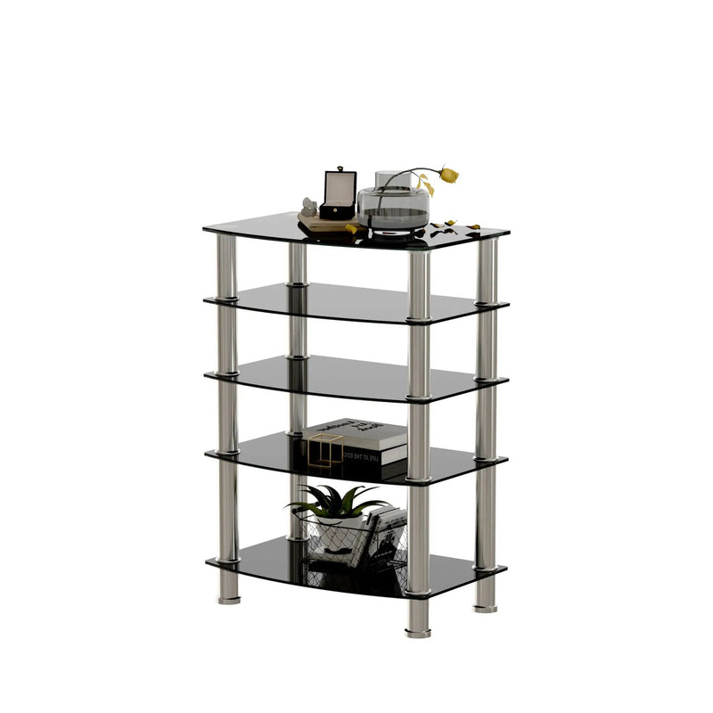 5 Tier Tempered Glass Side Table, Stainless Steel Frame End Table For Living Room, Bedroom - Black by Unique Piece Furniture