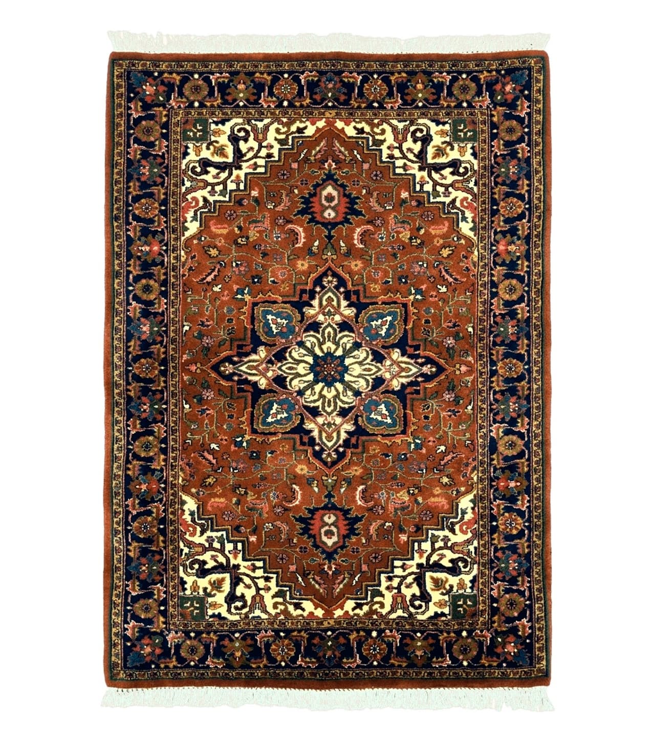 Indo Persian Heriz Rug 4x6, Rust Red Navy Blue and Cream by Jewel Rugs