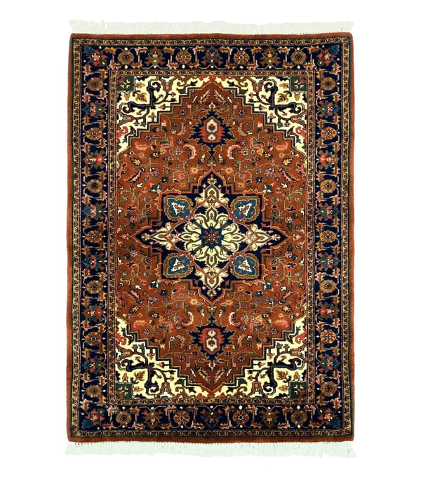 Indo Persian Heriz Rug 4x6, Rust Red Navy Blue and Cream