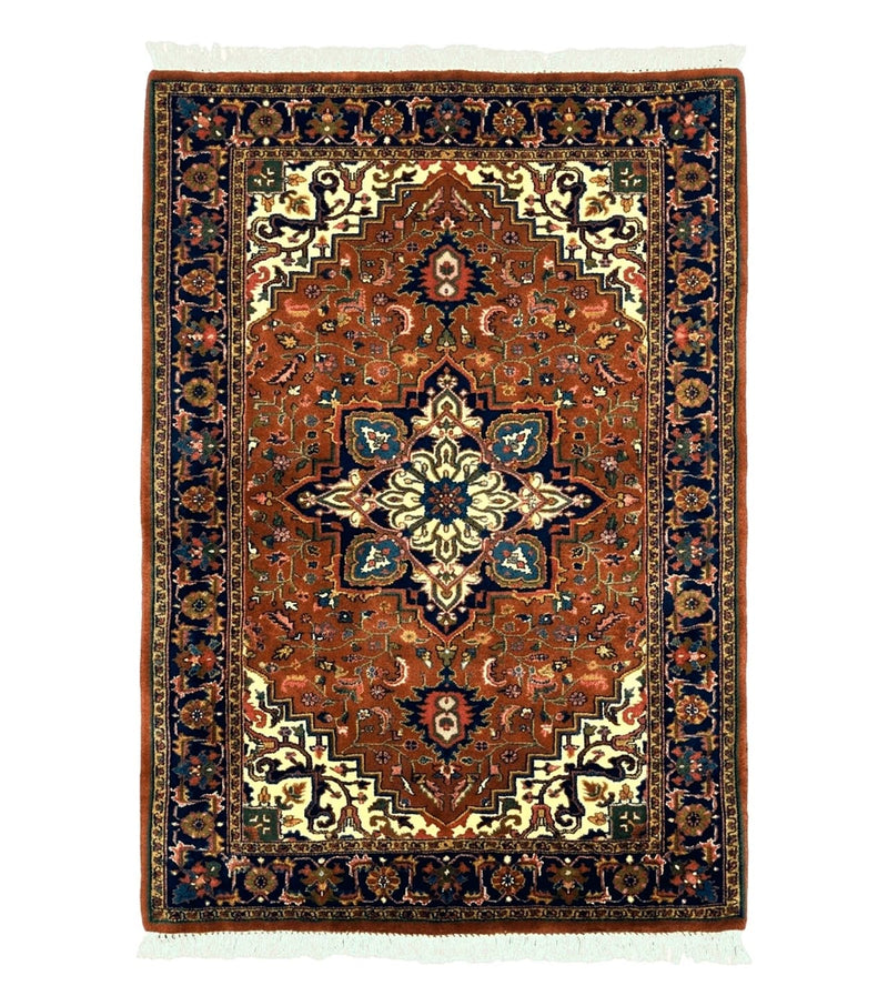Indo Persian Heriz Rug 4x6, Rust Red Navy Blue and Cream by Jewel Rugs