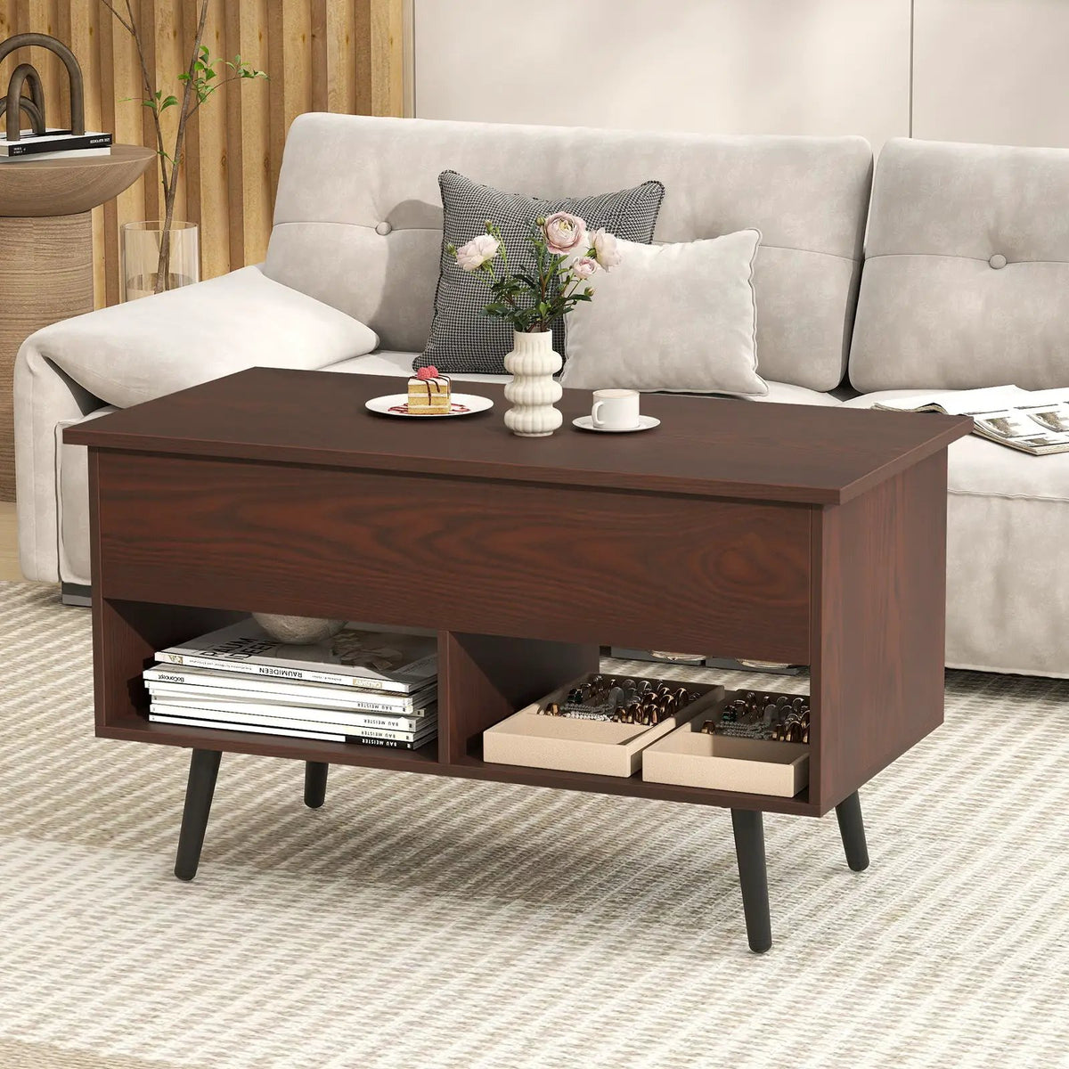 31.5 Inch Lift-Top Coffee Table with Hidden Storage and 2 Open Shelves, photo 2 of 40