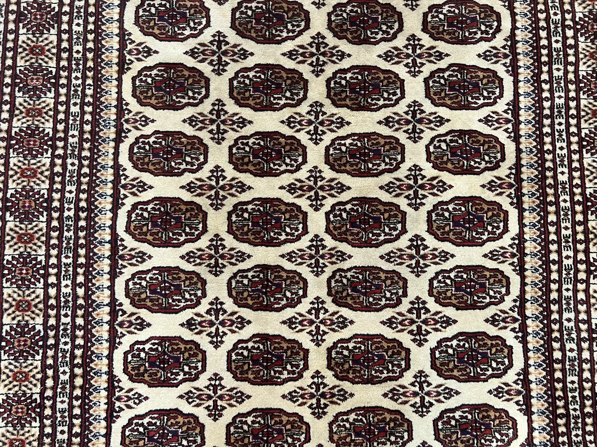 Pakistani Turkoman Rug 6x9, Cream and Red Hand Knotted Wool Oriental Carpet, Yamud Rug, Tribal Rug 6 x 9, Bohemian Area Rug, Bokhara Rug by Jewel Rugs