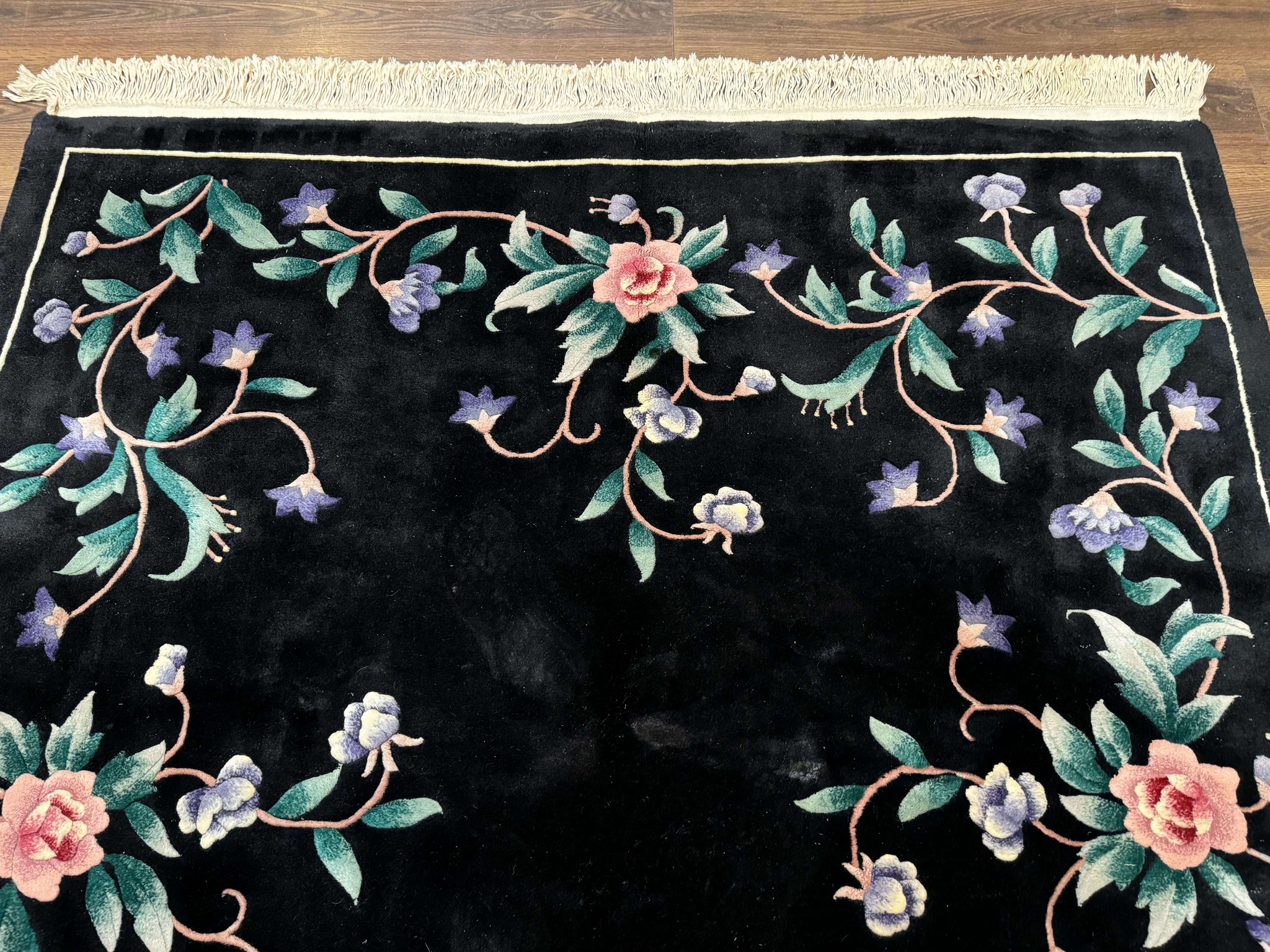Chinese Wool Rug 6x9, Black, Floral, Minimal Design, 90 Line Carpet, Vintage Art Deco Rug by Jewel Rugs
