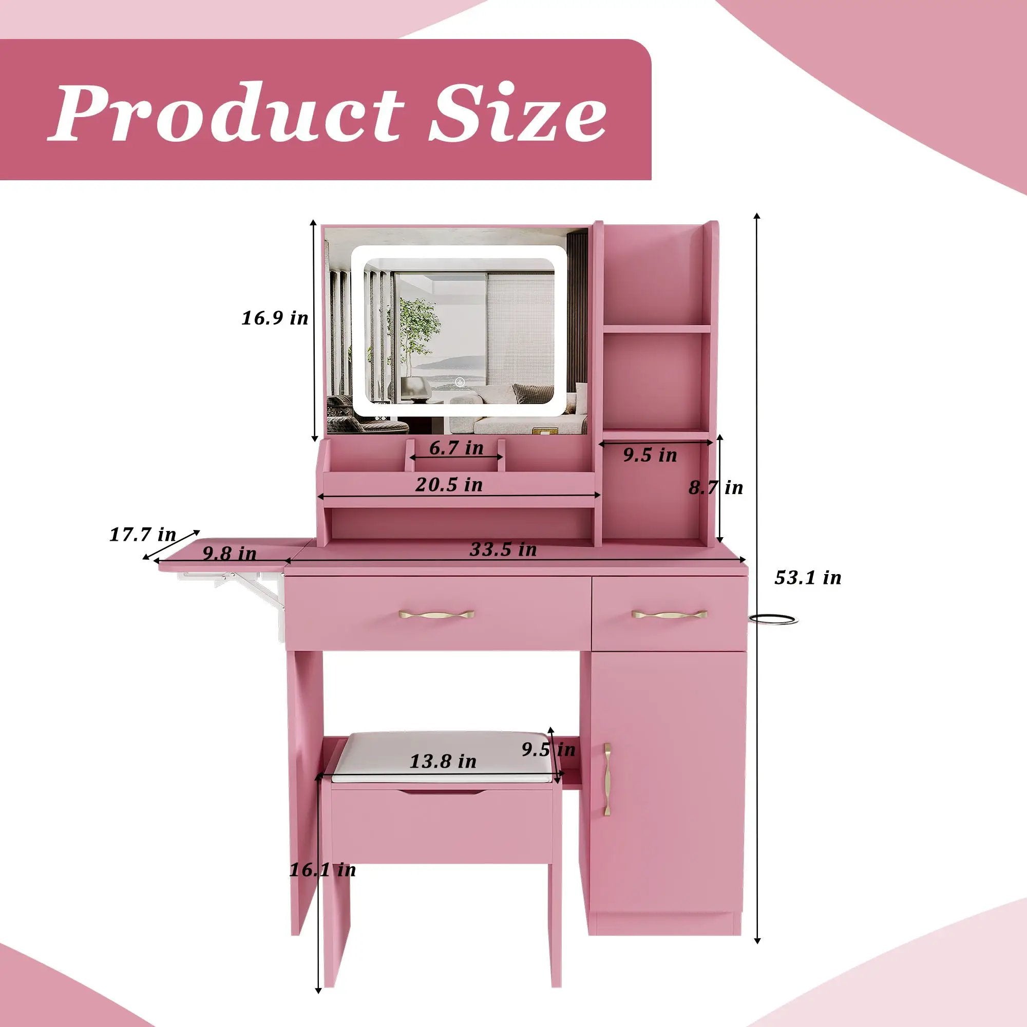 Vanity Desk With LED Mirror Lights And Power Outlet Charging Station, 3 Drawers, 7 Shelves, Storage Stool - Pink by HouseOfZazla