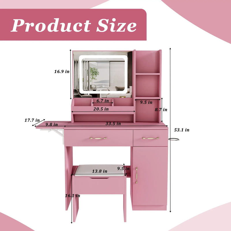 Vanity Desk With LED Mirror Lights And Power Outlet Charging Station, 3 Drawers, 7 Shelves, Storage Stool - Pink by HouseOfZazla