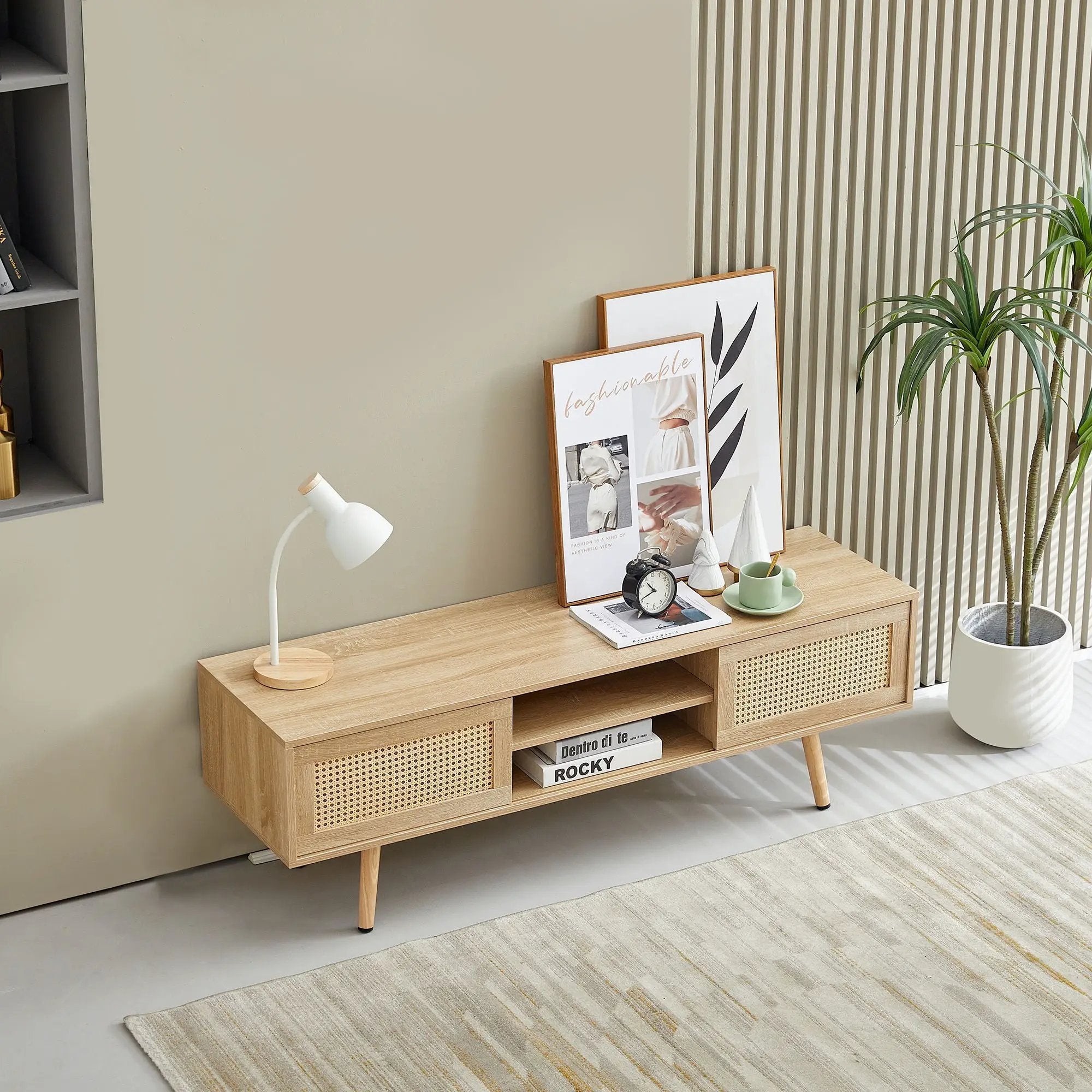 55.12" Rattan TV Cabinet, Double Sliding Doors For Storage, Adjustable Shelf, Solid Wood Legs, TV Console For Living Room by Unique Piece Furniture