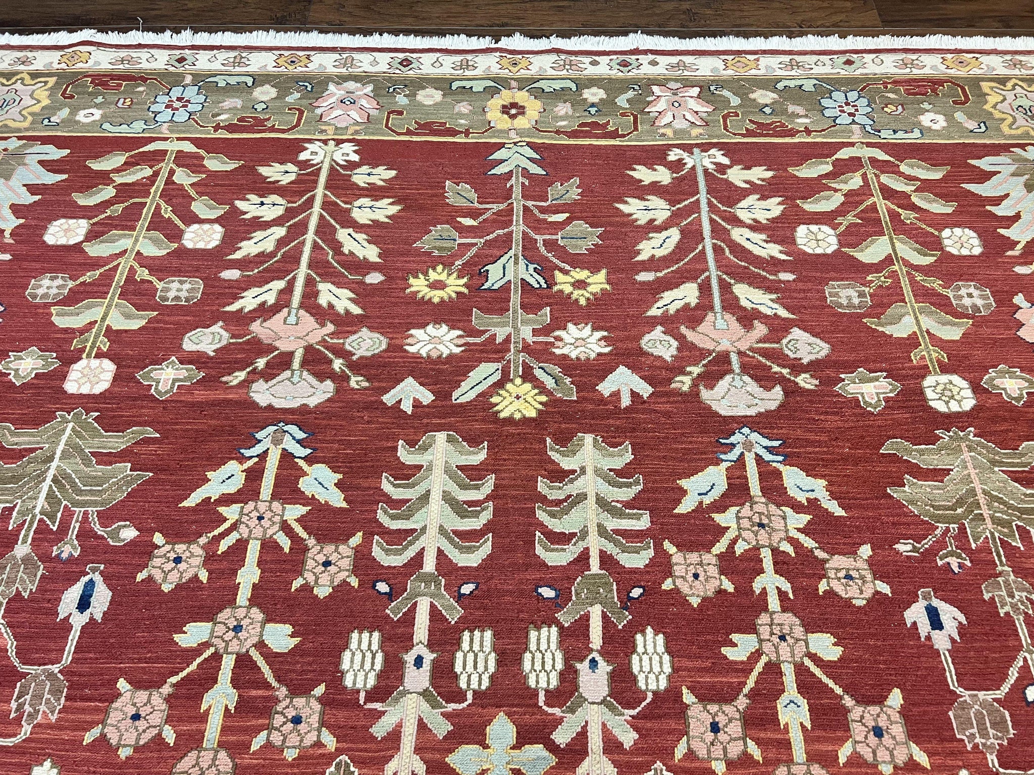 Indian Rug 10x14, Wool Hand Knotted Flatweave Carpet, Tree of Life, Red and Green by Jewel Rugs