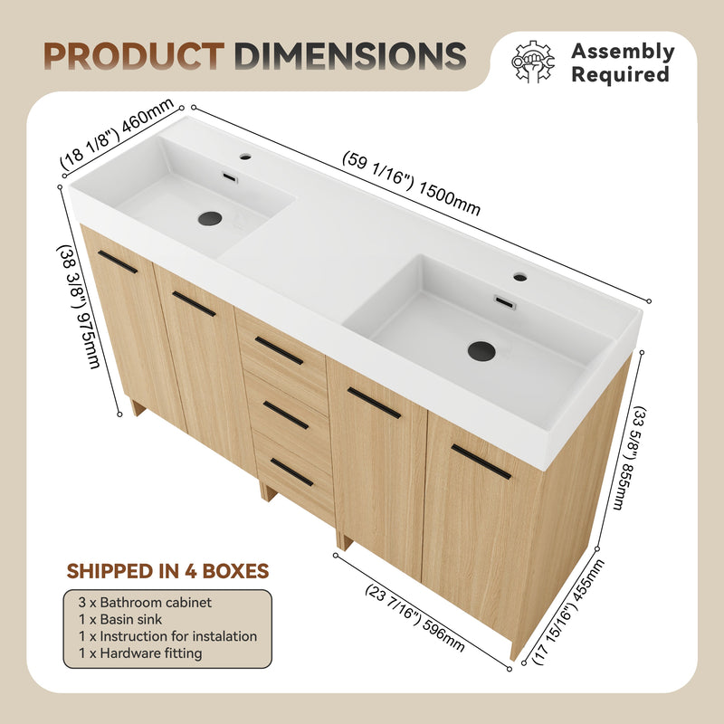 60" Double Sink Bathroom Vanity with 3 Drawers and Large Storage by HouseOfZazla