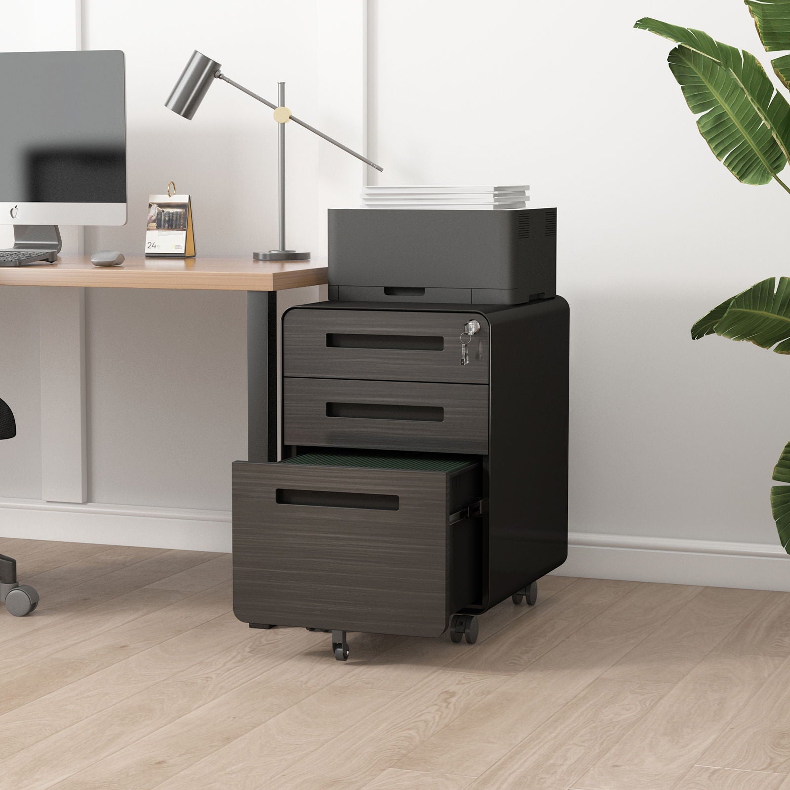 3 Drawer Mobile File Cabinet Under Desk Office, Simple Style Versatile Storage Cabinet For Legal / Letter / A4 Files, 5 Wheel Design Anti-Tilting Cold Rolled Steel Waterproof Moisture-Proof by Unique Piece Furniture