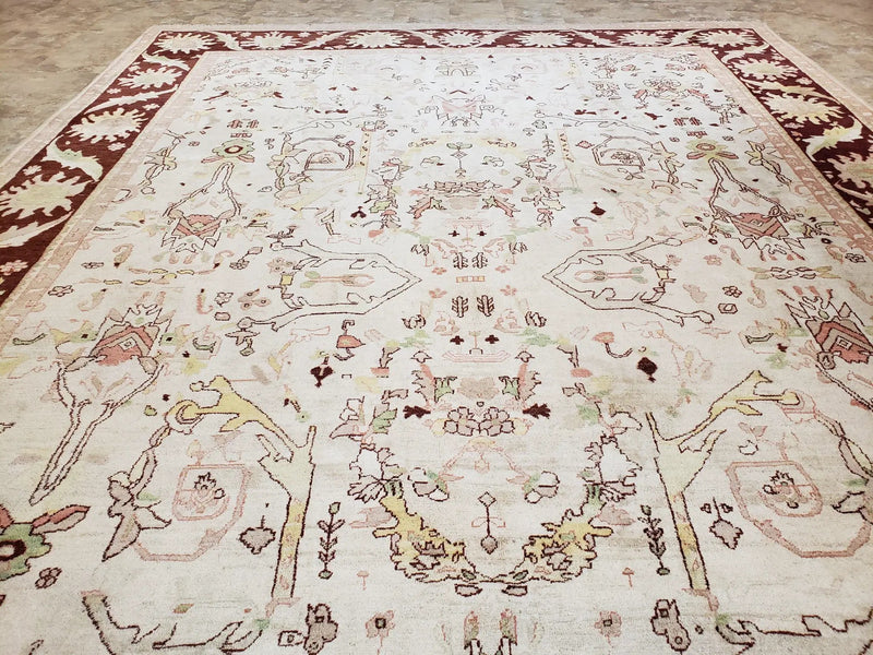 Beige and Maroon Peshawar Rug 10x15, Large Oushak Carpet, Pakistani Rug, Handmade Area Rug, Hand Knotted Rug, Living Room Rug, Nice Wool Rug by Jewel Rugs