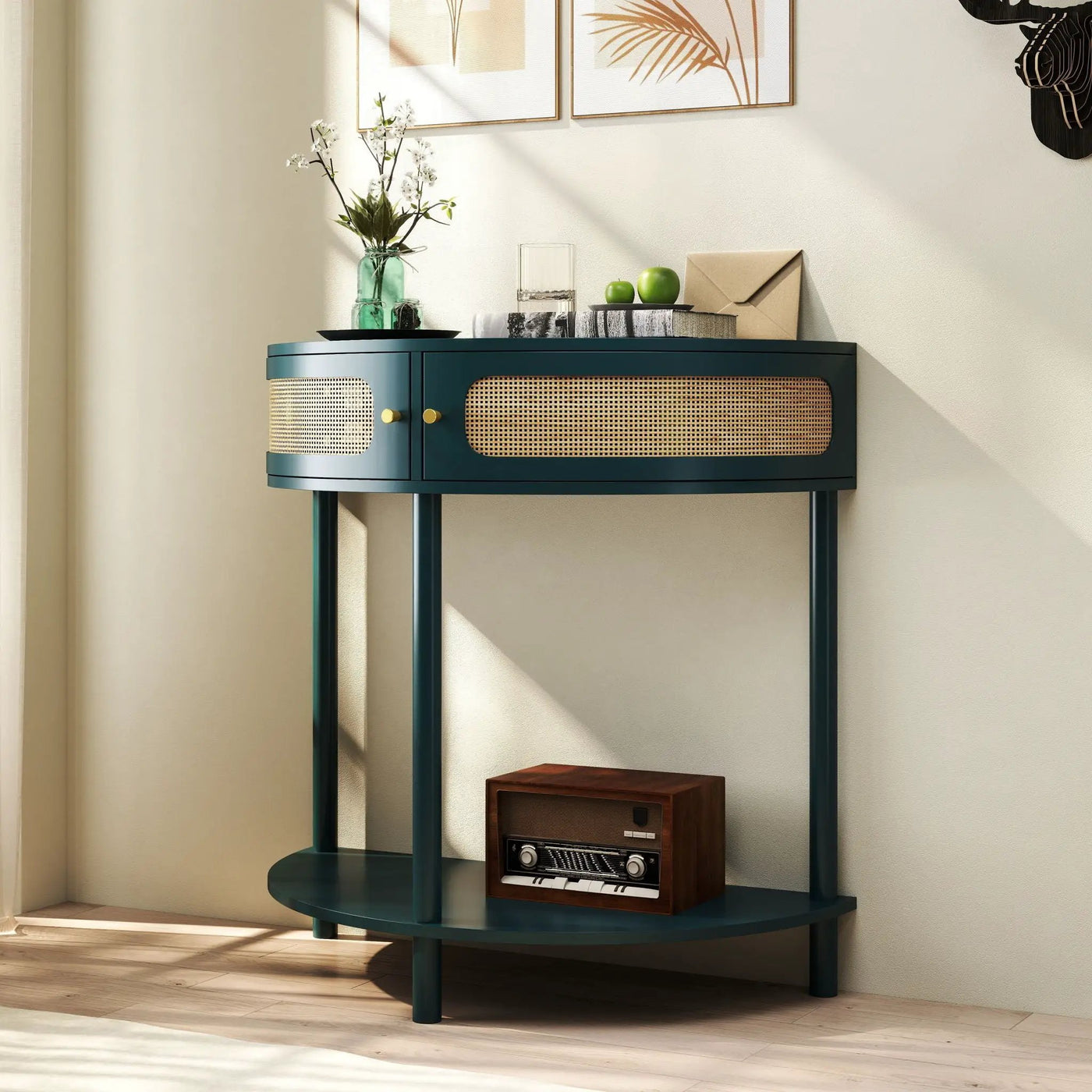 Boho Rattan Semi Circle End Table With Sliding Rattan Door, Storage And Bottom Shelf by HouseOfZazla